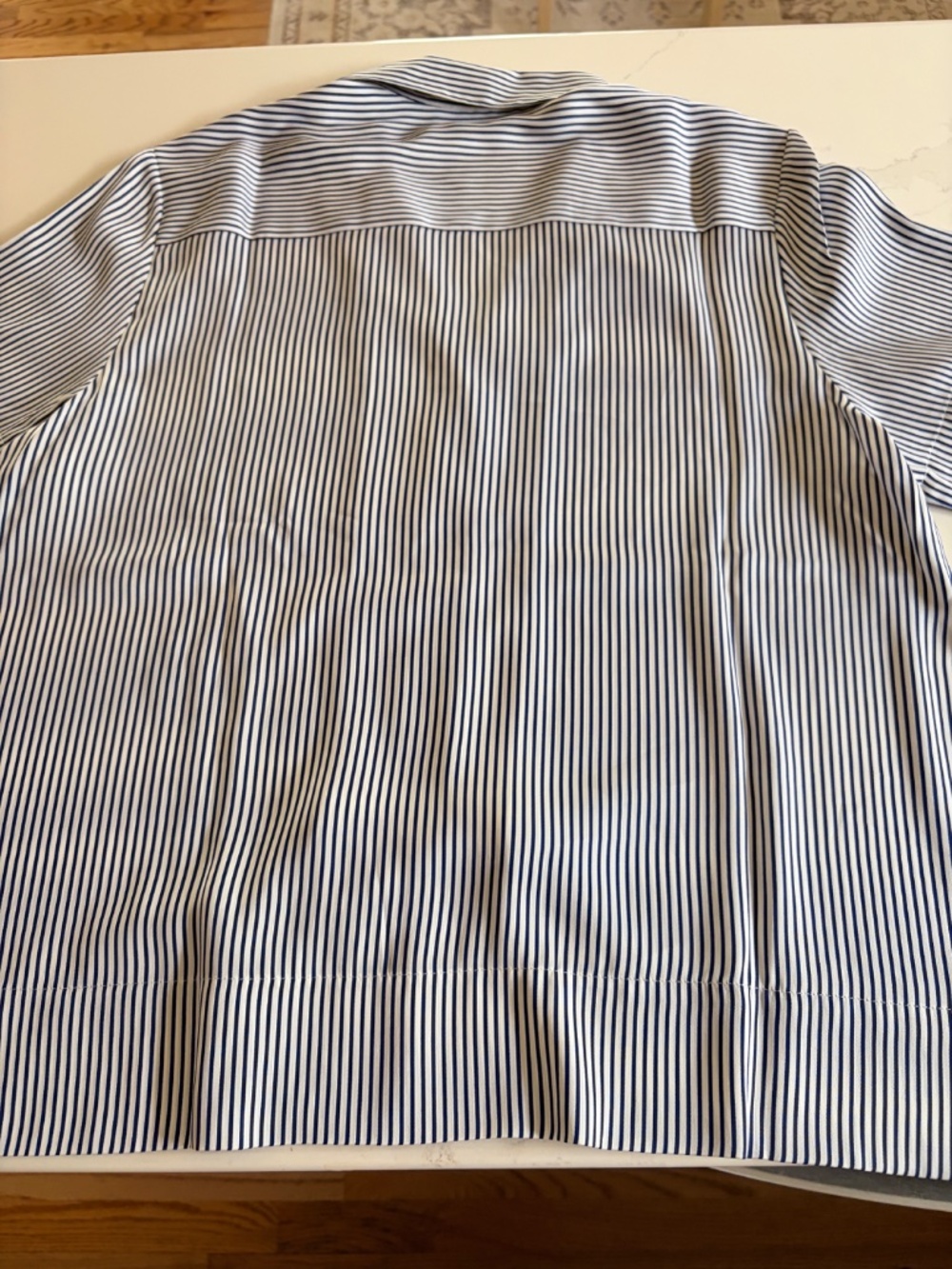 New Quince Washable Stretch Silk Short Sleeve Blouse Navy/white stripe Large - Picture 2 of 8